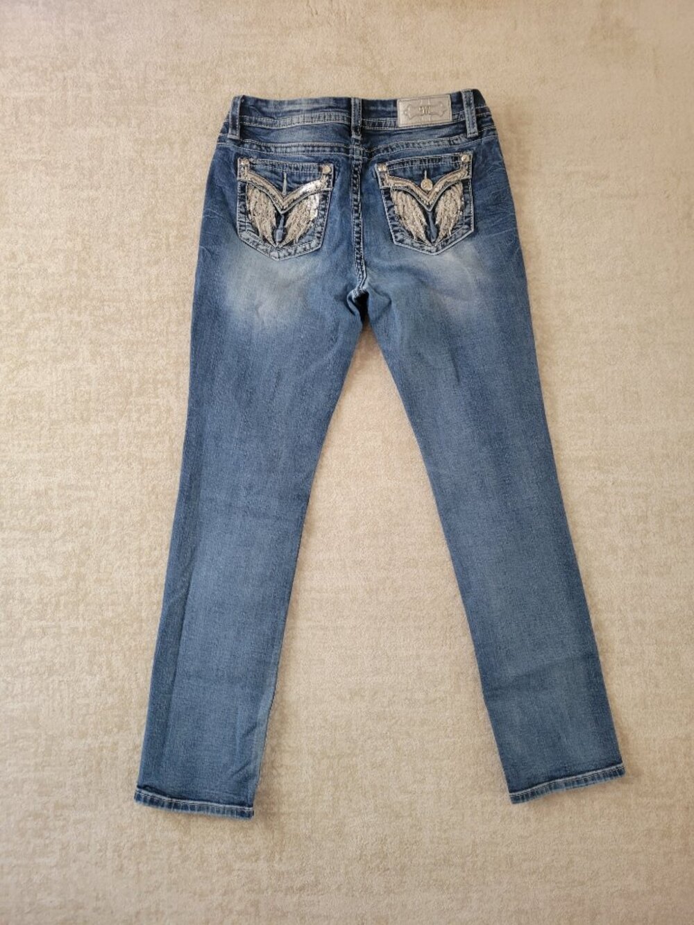 Miss Me Silver Sequin Angel Wings Easy Straight Leg Jeans 29 Womens Blue FLAW